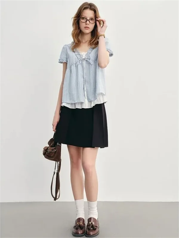 Blue Summer Women's irt V-ne Puffy Sve Loose Faionable ort-sved Knot Top Korean Sle Sweet Loose