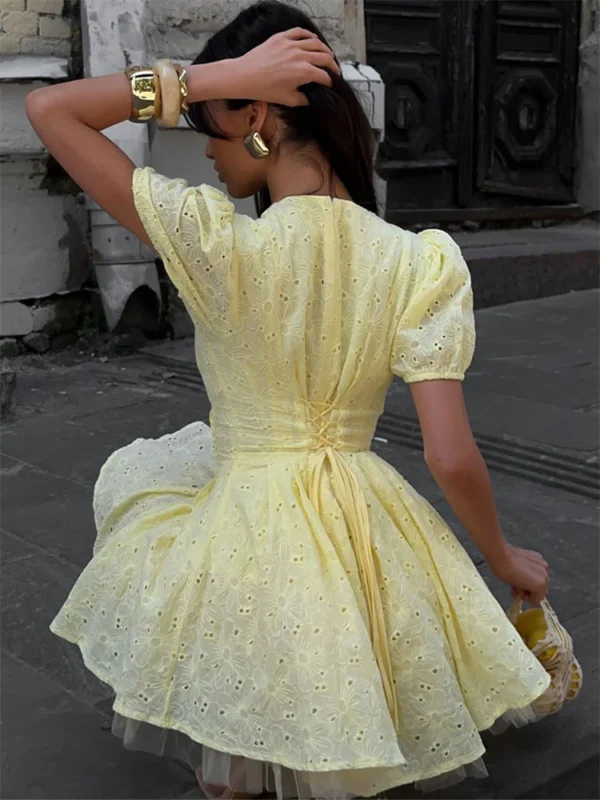 S563c2812ae734fabaf393e4e0520ec2dO.webp Tossy Yellow Lace-Up Printed Mini Dress Women's V-Neck Slim Short Sleeve Elegant Commute Bandage Dress Evening Ladies Clothes