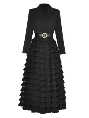 S58a0080b0ed24e9ab4cff8a91865bd35E.webp Suit Collar Spliced Office Lady Dress 2025 Spring Lace-Up Ruffled Cake Large Hem Design Sense Women's Long Dresses With Belt