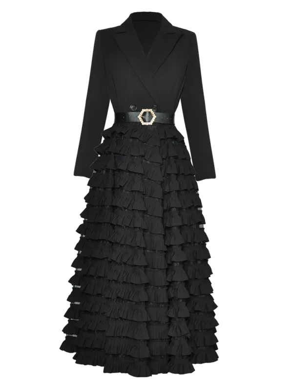 Suit Collar Spliced Office Lady Dress 2025 Spring Lace-Up Ruffled Cake Large Hem Design Sense Women's Long Dresses With Belt