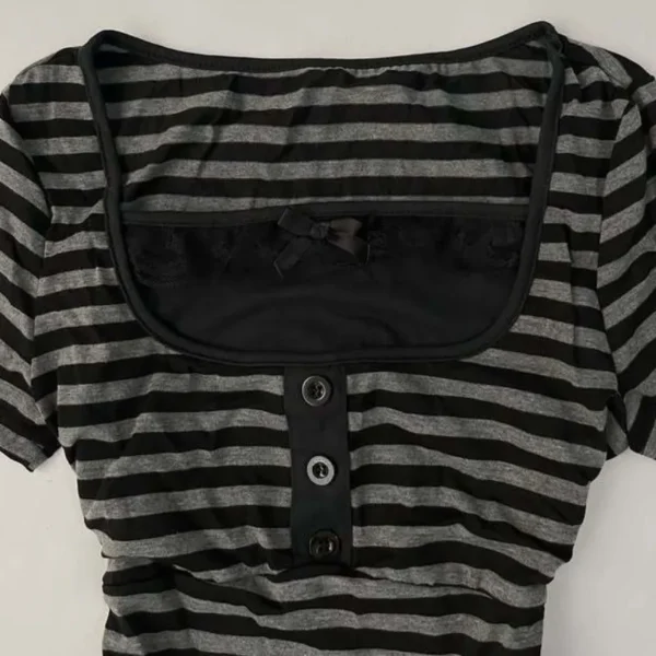 S5a8db05eab0d46dda5ea9a73526ab398o.webp Gothic Harajuku Y2K Women's Crop Top Casual Slim Fit Striped Lace Bow Button Design Short Sleeve T-Shirt Chic Trendy Streetwear