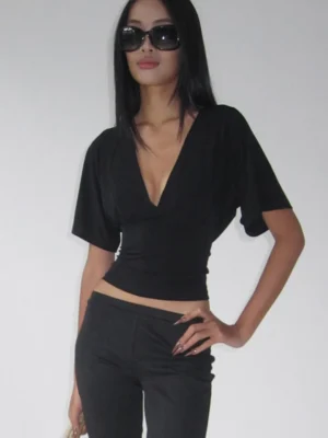 S5ab52c4c7c71400baae30d5181440d81E.webp Sexy Deep V Neck Lace Spliced Tie Waist Slim Half Sleeve Crop Tee For Women