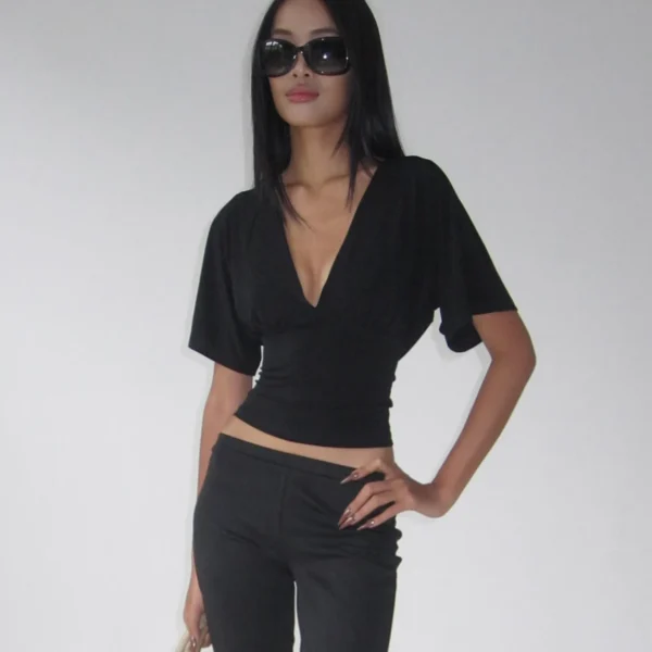 S5ab52c4c7c71400baae30d5181440d81E.webp Sexy Deep V Neck Lace Spliced Tie Waist Slim Half Sleeve Crop Tee For Women
