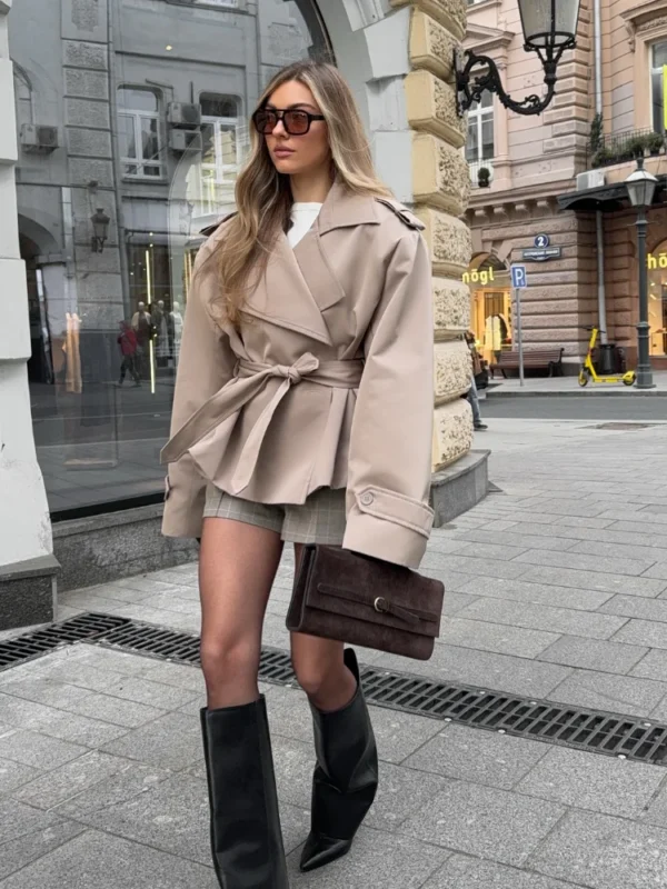 S5bd867d67fa34e6e9b6c00da448e0fbd6.webp Fashion Lace Up Cropped Trench Coat 2026 Women Lapel Long Sleeves Wide Shoulder Windbreaker Jacket Lady Spring Commuting Outwear