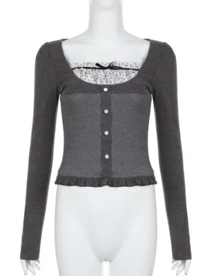 S5c635ee3aa3a431f86a77225b99d165ap.webp Y2K Polka Dot Print Contrast Patchwork Knitted Tops Grey Autumn Spring Cute Bow T-shirts Slim-fit Long Sleeve Knitwear