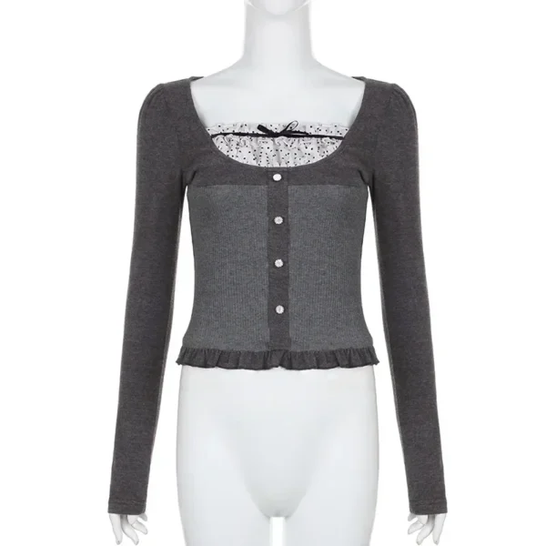 S5c635ee3aa3a431f86a77225b99d165ap.webp Y2K Polka Dot Print Contrast Patchwork Knitted Tops Grey Autumn Spring Cute Bow T-shirts Slim-fit Long Sleeve Knitwear
