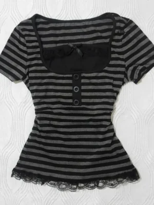 S5f2ade45f5a04f3f99c236a6b64b8306u.webp Gothic Harajuku Y2K Women's Crop Top Casual Slim Fit Striped Lace Bow Button Design Short Sleeve T-Shirt Chic Trendy Streetwear