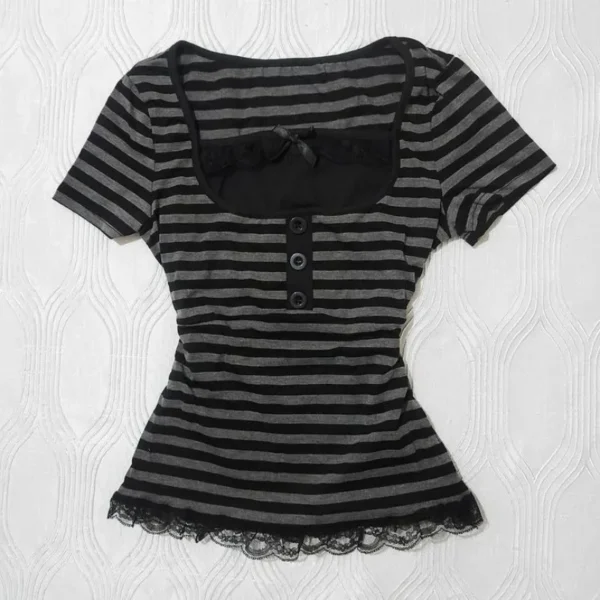 S5f2ade45f5a04f3f99c236a6b64b8306u.webp Gothic Harajuku Y2K Women's Crop Top Casual Slim Fit Striped Lace Bow Button Design Short Sleeve T-Shirt Chic Trendy Streetwear
