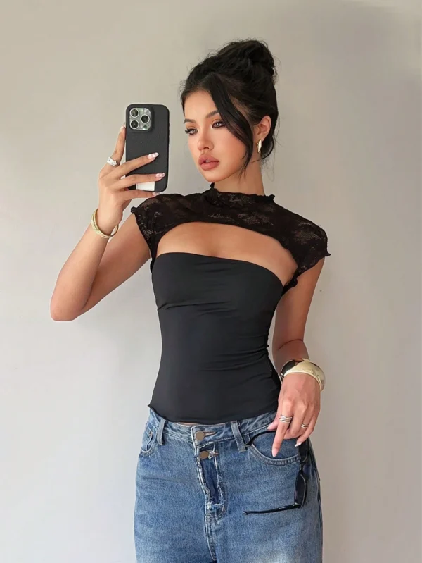 S607870121c5d4054884ef85640eebfe8k.webp Women's Sexy Lace Patchwork Front Hollow Out Short Sleeve T-Shirt Casual Slim Fit Solid Color Crop Top Spring/Summer 2026