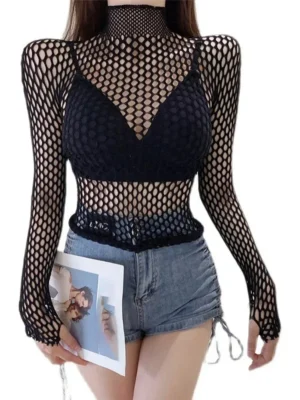 S62df1ade8a27489cb109d0776dcda3ecV.webp Womens Sexy Mesh Long Sleeve Fishnets Tops Fun Fashion Slim Fit Tops Hollow Out See Through Loose Female T-shirts Crop soft Top