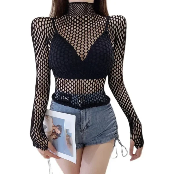 S62df1ade8a27489cb109d0776dcda3ecV.webp Womens Sexy Mesh Long Sleeve Fishnets Tops Fun Fashion Slim Fit Tops Hollow Out See Through Loose Female T-shirts Crop soft Top