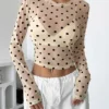 Womens Polka Dots Long Sleeve Mesh Tops Sexy See Through Sheer Blouses Shirts Going Out Crop Top Y2K Date Night Club Party Tops