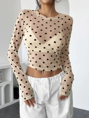 S63b7f0e76f1340e2adc823989978aa2bL.webp Womens Polka Dots Long Sleeve Mesh Tops Sexy See Through Sheer Blouses Shirts Going Out Crop Top Y2K Date Night Club Party Tops