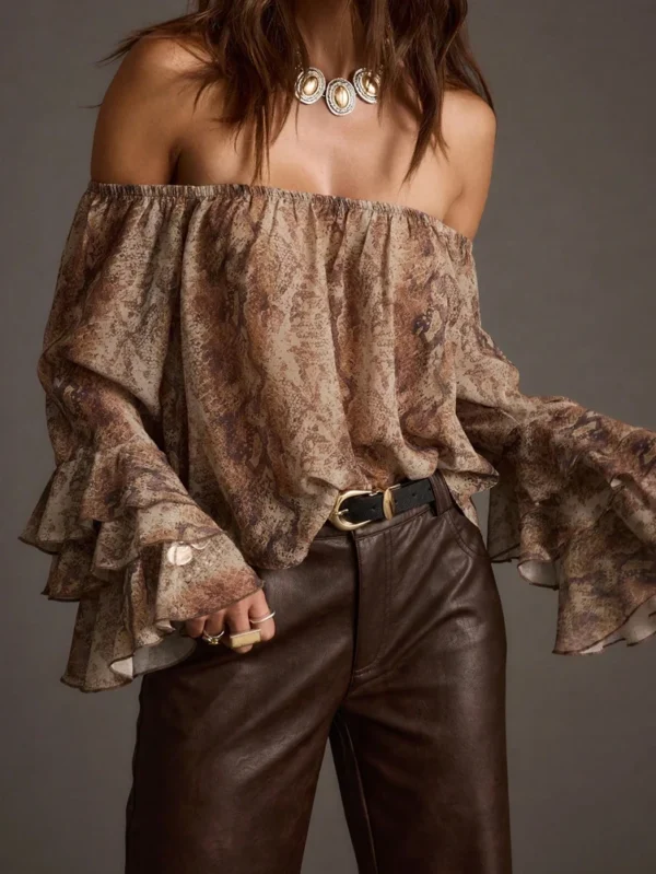 S645d516f5b7b4c47a3a0a9d4e29e42cdF.webp New Summer Women's Casual Printed Off-the-Shoulder Chiffon Blouse: Elegant Color-Blocking, Resort Style, Perfect for Summer