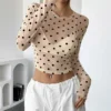 Womens Polka Dots Long Sleeve Mesh Tops Sexy See Through Sheer Blouses Shirts Going Out Crop Top Y2K Date Night Club Party Tops