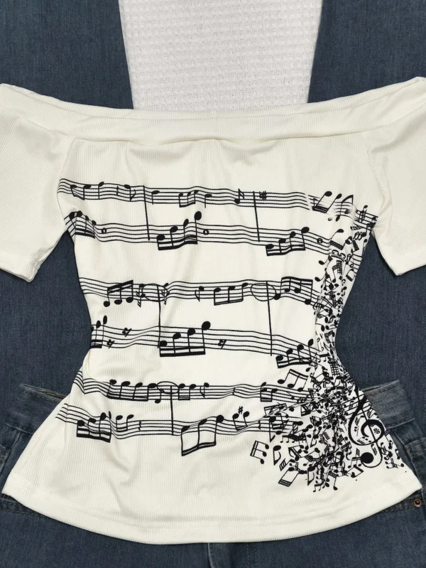 Women's Retro Off-Shoulder Long-Sleeved Slim-Fit T-Shirt, Adorned With Musical Note Print, Fashionable, Y2K Retro Style, High-Quality