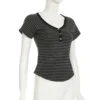 S68b23b32f5b145a9a129705431460ce0S.webp Goth Dark Casual Women Short Sleeve Striped T-shirts Y2K Fashion V-neck Button-up T-Shirt E-girl Slim Basic Tops Mall Goth Cloth