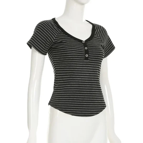 S68b23b32f5b145a9a129705431460ce0S.webp Goth Dark Casual Women Short Sleeve Striped T-shirts Y2K Fashion V-neck Button-up T-Shirt E-girl Slim Basic Tops Mall Goth Cloth