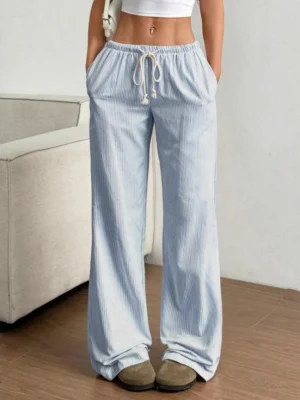S691f954ef67449b58099537e65c885a0e.webp Women's Striped Wide-Leg Pants Elegant Casual Mid Waist Trousers Summer