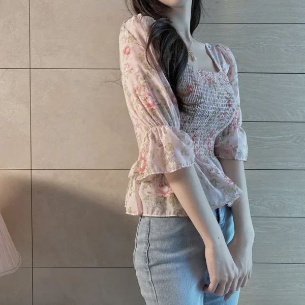 S6bee9a42aead49b69ca2e946c6d357ces.webp Blouses Women Slim Floral Print Lantern Sleeve Elegant Female Temperament Schoolgirls Summer All-match Leisure Holiday Clothes