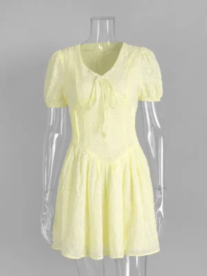 S6bfb77269d67458abc3bae757802bb0dj.webp Tossy Yellow Lace-Up Printed Mini Dress Women's V-Neck Slim Short Sleeve Elegant Commute Bandage Dress Evening Ladies Clothes