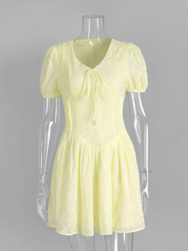 S6bfb77269d67458abc3bae757802bb0dj.webp Tossy Yellow Lace-Up Printed Mini Dress Women's V-Neck Slim Short Sleeve Elegant Commute Bandage Dress Evening Ladies Clothes