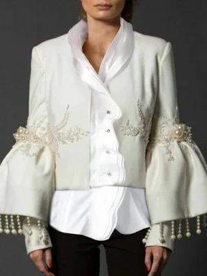 S6d656e31146542e292f71f43bcc7138a5.webp Women Pearl Tassel Jacket Fashion Elegant Stand Collar Pearl Fringed Decor Embroidery Flare Sleeve Coat Autumn Winter Outwear