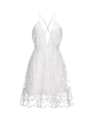 S75708eeedb6c407da92fc2f6a4c195e45.webp Fashion Sexy Spaghetti Strap White Dress Woman Summer Embroidery Mesh Lace Backless Beach Dress For Women New Casual Mini Dress