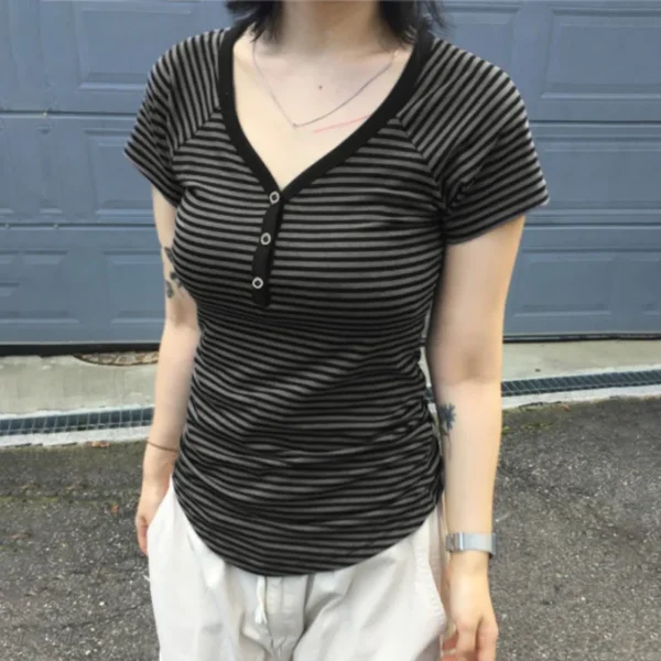 S7719311dc2024bcea6413aaf06e151078.webp Goth Dark Casual Women Short Sleeve Striped T-shirts Y2K Fashion V-neck Button-up T-Shirt E-girl Slim Basic Tops Mall Goth Cloth