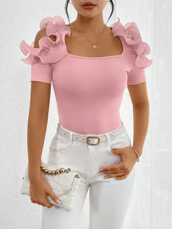 S77799077f37d4c499023af405bbcfd74f.webp Fashionable ruffled T-shirt for women, short-sleeved, summer chic top, tight and slimming, elegant little shirt trend