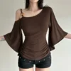 S78e7d5d0cac54ca38025d7014e376511V.webp Retro Spice Girl T-shirt Irregular Off Shoulder Beaded Slanted Collar Pleated Short Sleeved Summer Unique Slimming Top for Women