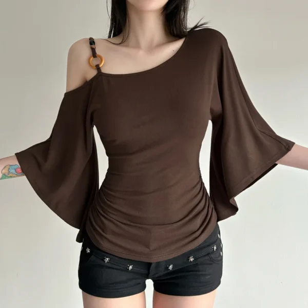 S78e7d5d0cac54ca38025d7014e376511V.webp Retro Spice Girl T-shirt Irregular Off Shoulder Beaded Slanted Collar Pleated Short Sleeved Summer Unique Slimming Top for Women