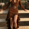 S7a2110a26b7144c9aa4aaa797b8759bfk.webp Women's Brown Western Cowgirl Dress Long Sleeve Button Down High Low Ruffle Hem Dress Vintage Country Concert Rodeo Party Dress