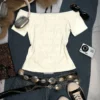 Women's Retro Off-Shoulder Long-Sleeved Slim-Fit T-Shirt, Adorned With Musical Note Print, Fashionable, Y2K Retro Style, High-Quality
