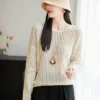 S7dc5352bfb78453baa5d18af85fe97fdP.webp WinvyNee Summer Women's T-shirt Cotton Long Sleeve O Neck Hollows Clothing Solid Top Casual Pullover Female Tops Y2K