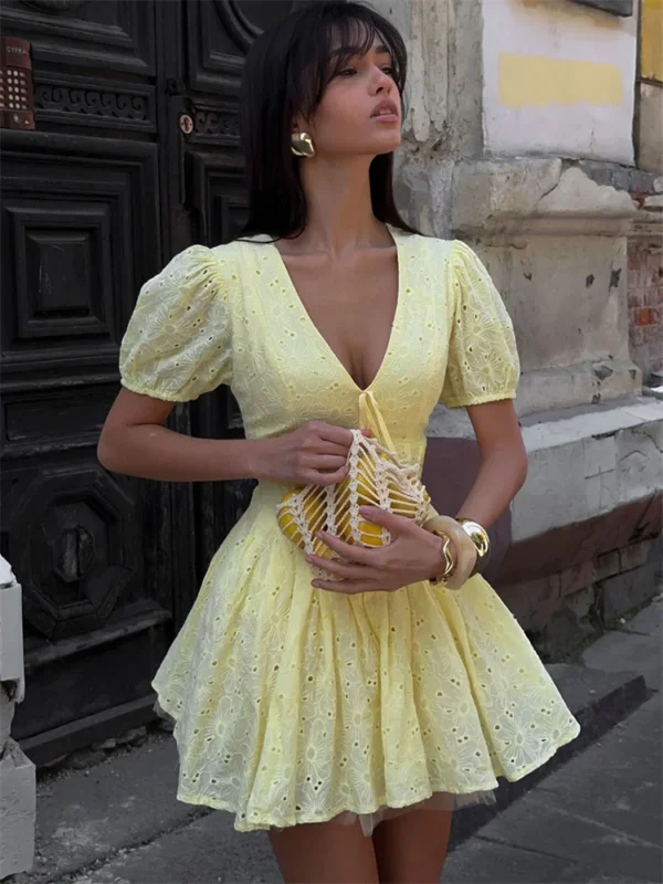 S7ea0eb5d47fb4aaea0de91868d43a9c6y.webp Tossy Yellow Lace-Up Printed Mini Dress Women's V-Neck Slim Short Sleeve Elegant Commute Bandage Dress Evening Ladies Clothes
