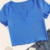S7ea9cff413a14f999ae818f0e0af455ff.webp Notched Neck Lettuce Trim Crop T-shirt Casual Short Sleeve Crop Top For Spring & Summer Women's Clothing