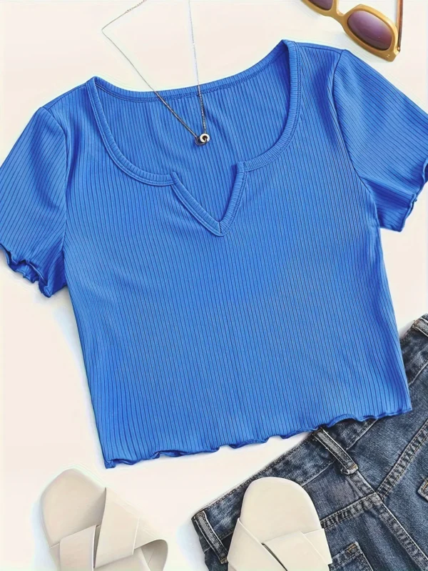 S7ea9cff413a14f999ae818f0e0af455ff.webp Notched Neck Lettuce Trim Crop T-shirt Casual Short Sleeve Crop Top For Spring & Summer Women's Clothing