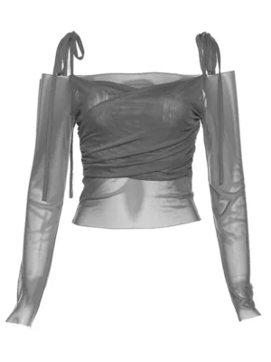 S7f3e771517c94004b65058eefc3506feR.webp Women's Off-Shoulder Long Sleeve Crop Top Solid Slash Neck Slim Mesh Tee Y2K Streetwear T-Shirt with Straps