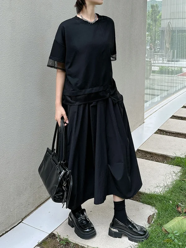 S80fc2f9789e94d0f81d975dc14c2c712O.webp Women Black Irregular Mesh Spliced Big Size T-shirt New Round Neck Short Sleeve Fashion Tide Spring Summer 2026