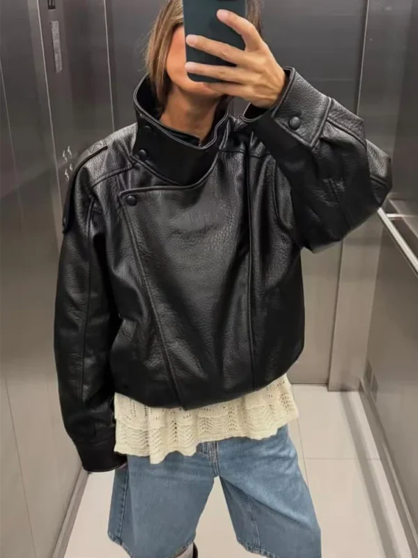 S831f87015e1548529e9f11c292ff683bm.webp Women Fashion Leather Jacket Autumn Winter Loose Causal PU Faux Leather Jackets Coat Fashion Street Motorcycle Jackets