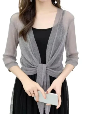 S83c954e02f174a69a73e16038965eaeaR.webp Women's Sparkling Lace-Up Cardigan Summer Sheer Cover Up Lightweight Loose Blouse Half Sleeve Beachwear Casual Glitter Jacket