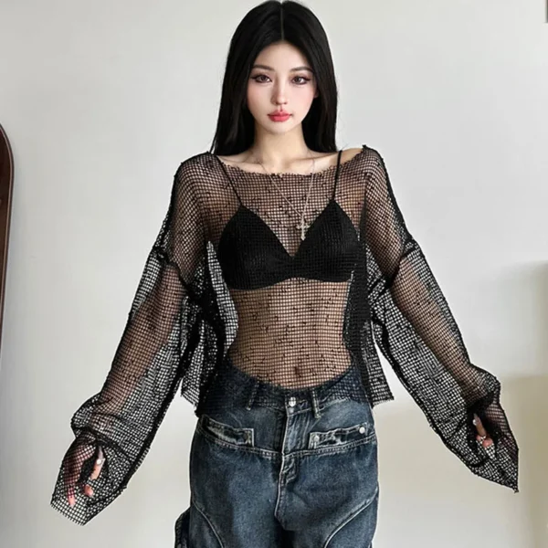 S83db8b9a7cde407bbd101b5f9623e928i.webp Sexy Club Mesh See Through T Shirt Women Black Hollow Out Long Sleeve Tees Female Summer Fashion Streetwear Basic Y2K Tops Lady