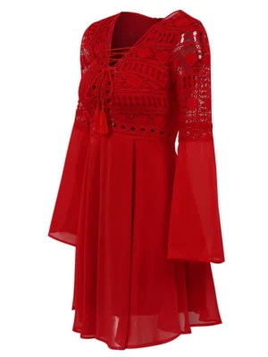 S849da197540b459f96ec47b8fc59e32d5.webp Women's A Line Dress Short Mini Dress Red Long Sleeve Solid Color Ruffle Patchwork Chiffon Spring Summer Slim V Neck