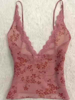 S86701a439c134f9fb1830e927283b153X.webp Summer Woman Floral Halter Lace Blouse Vintage Sexy Slim Fairy Korean Fashion Female Tops Outfits Elegant Style Camisole Vest