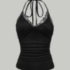 S87f0fd1ce47f40aba901f09481a7ac4aL.webp Sexy Lace V-neck Cropped Halter Tops For Women Summer 2025 Solid Color Casual Sleeveless Backless Ruched Tank Top Tee Shirt