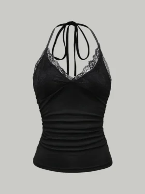 S87f0fd1ce47f40aba901f09481a7ac4aL.webp Sexy Lace V-neck Cropped Halter Tops For Women Summer 2025 Solid Color Casual Sleeveless Backless Ruched Tank Top Tee Shirt