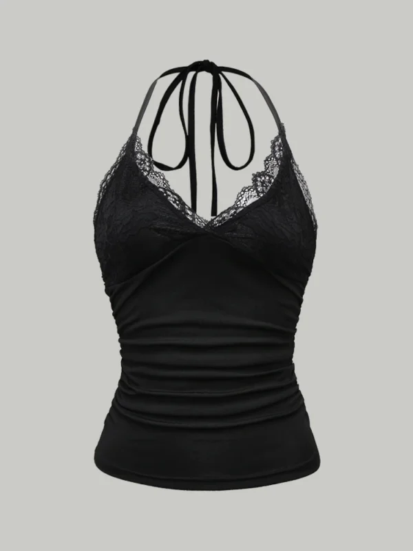 S87f0fd1ce47f40aba901f09481a7ac4aL.webp Sexy Lace V-neck Cropped Halter Tops For Women Summer 2025 Solid Color Casual Sleeveless Backless Ruched Tank Top Tee Shirt