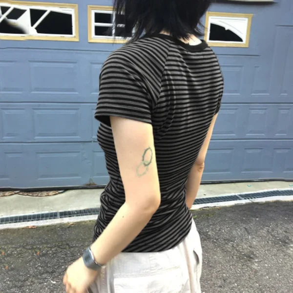 S89cd495f96884526a976a6d50575cca3n.webp Goth Dark Casual Women Short Sleeve Striped T-shirts Y2K Fashion V-neck Button-up T-Shirt E-girl Slim Basic Tops Mall Goth Cloth