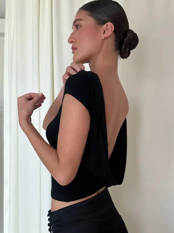 Women's O Neck Short Sleeve Backless Ruched Crop Top Y2K Streetwear Summer Spring Casual T-Shirt Dropshipping